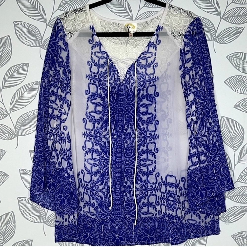 Fig and Flower Floral‎ Top Size L Medallion Lace Sheer Tie Boho Peasant